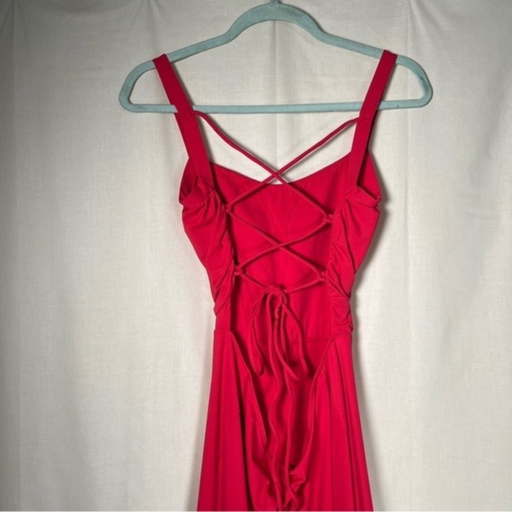 Halara Side Cutout Straight Neckline Red Backless Lace Up Side Slit Dress Size M